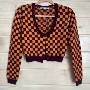 Zara Checkered Crop Sweater Button Up Size Small